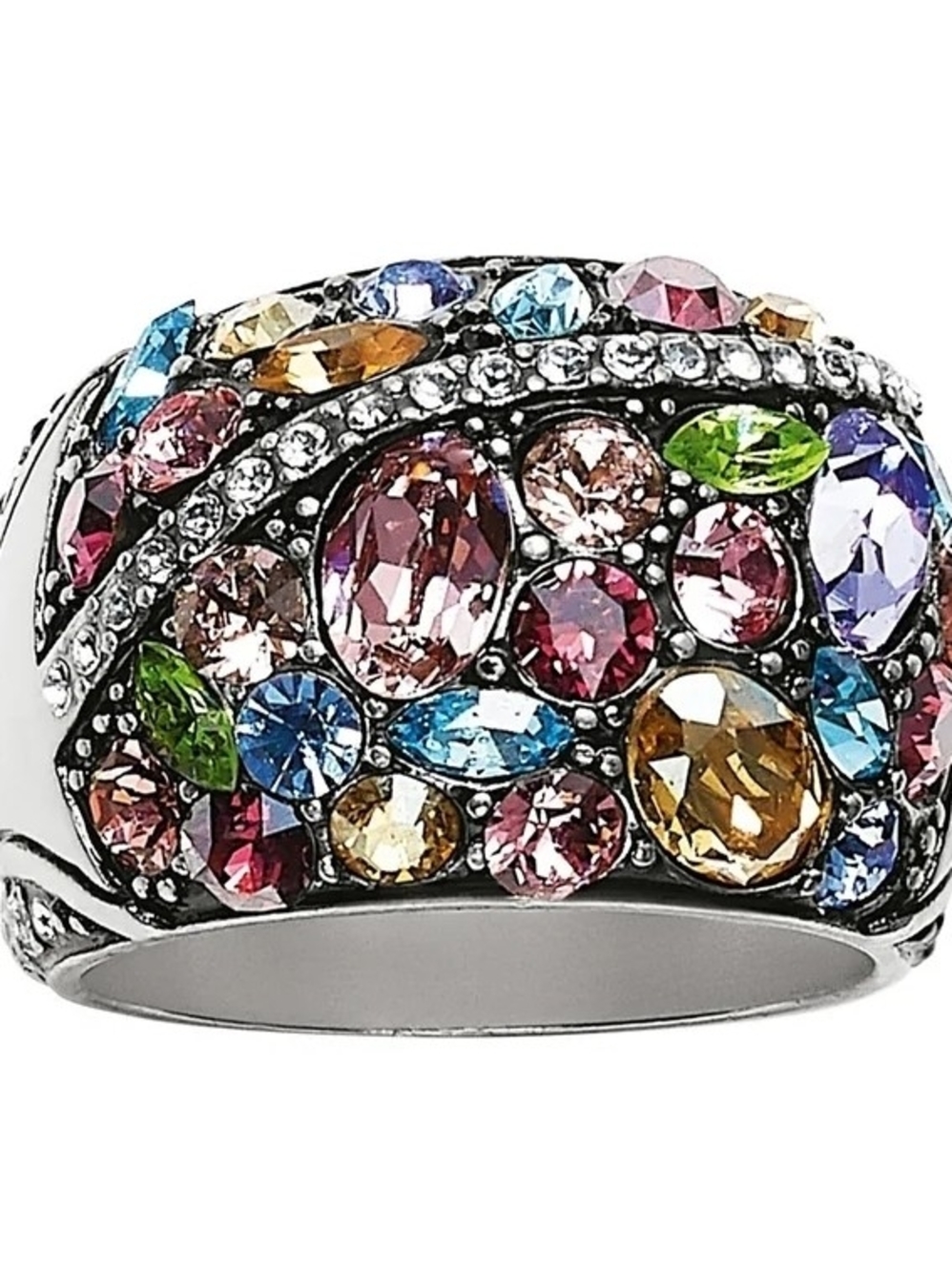 Multicolor Crystal Dome Cocktail Ring in Silver Tone - Sparkling Rainbow Stones